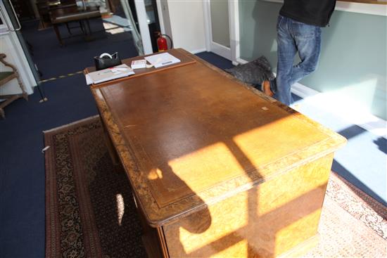 A Victorian burr walnut partners pedestal desk, by Holland & Sons, W.6ft